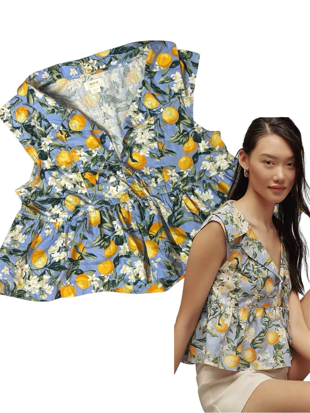 Anthropologie Maeve Floral Lemon Blossom Print Babydoll Blouse Cap Sleeve Sz Med
